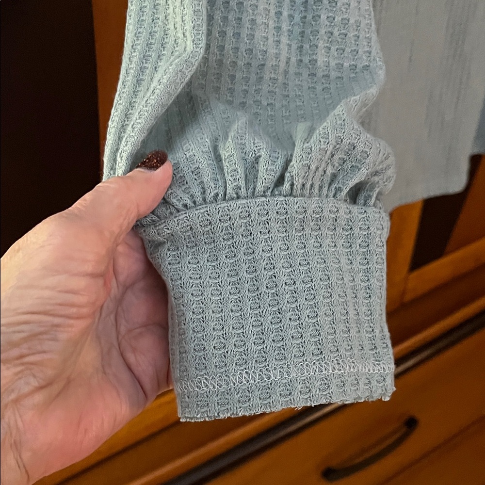 BiBi Sage Green Soft & Light Waffle Knit Wide V-Neck Long Sleeve Top - Picture 4 of 8